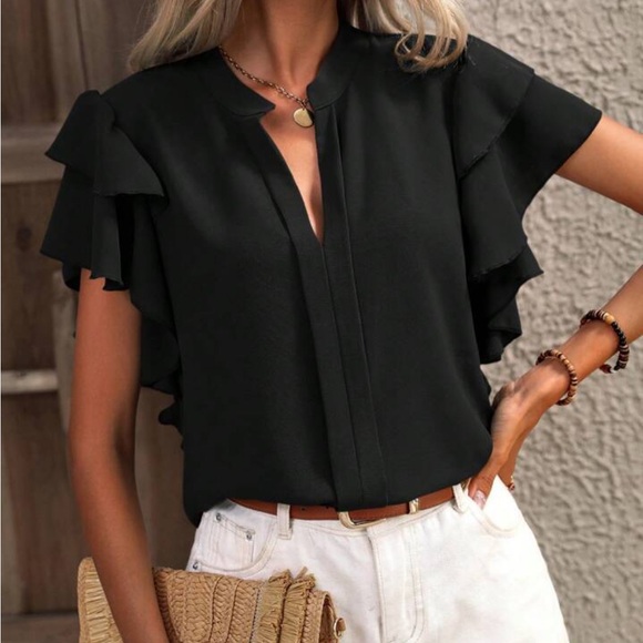 Elegant Classic Ruffle Butterfly Flutter Sleeve Top Blouse Shirt Yellow - Picture 16 of 16